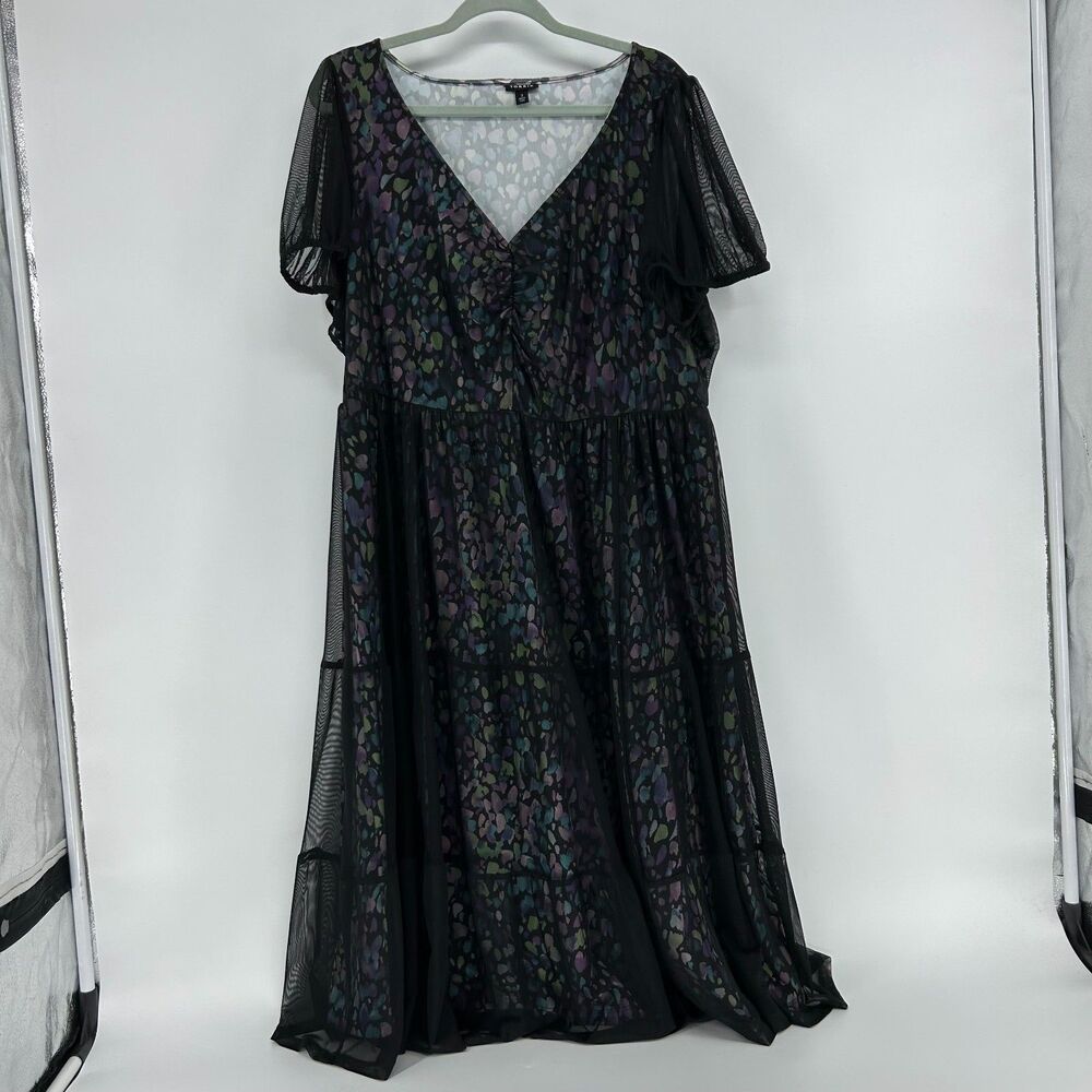 Torrid Soft Mesh Spotted V-Neck Tiered Midi Dress Size 3 3XL Colorful Iridescent